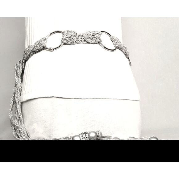 Handcrafted Silver Tone Gray Statement Chain Link Belt With Beaded Tassels - Picture 2 of 13